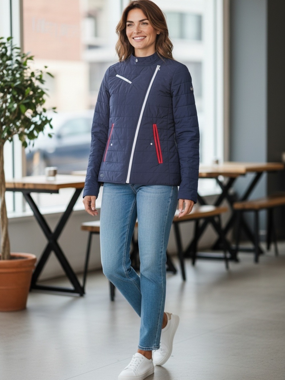 Lacoste Navy Quilted Puffer Jacket with Red Trim